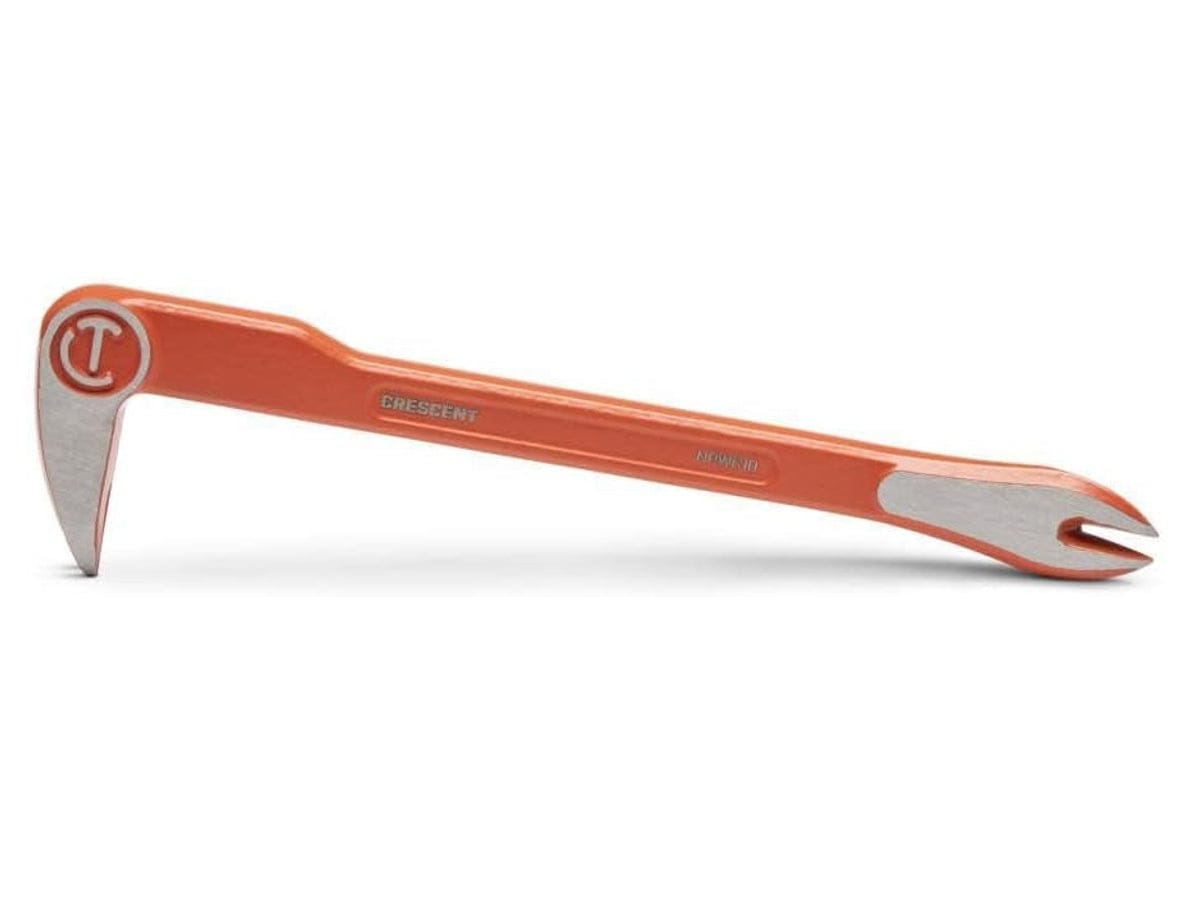 Full view of the 10-inch pry bar with a high-visibility orange finish, featuring a gooseneck design on one end and a flat prying claw on the other.