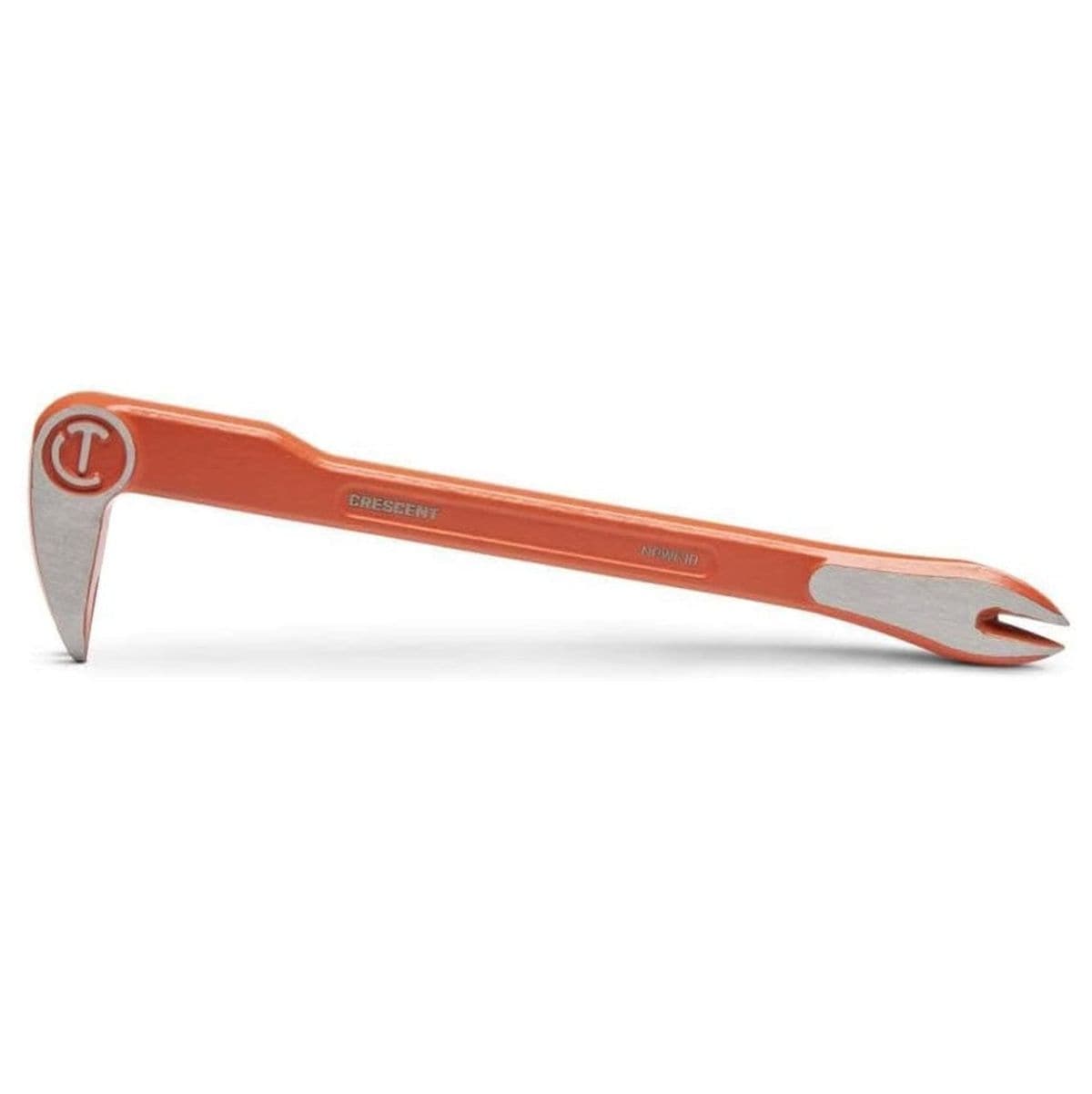 Full view of the 10-inch pry bar with a high-visibility orange finish, featuring a gooseneck design on one end and a flat prying claw on the other.