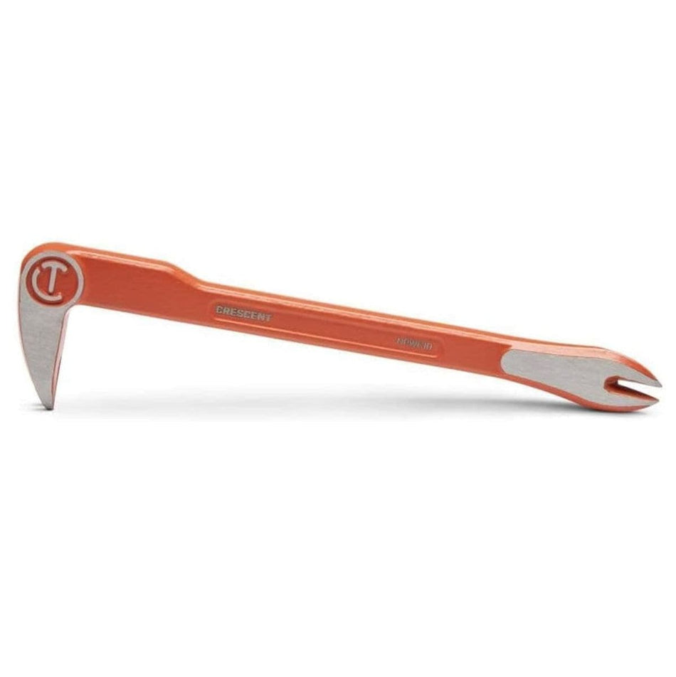 Full view of the 10-inch pry bar with a high-visibility orange finish, featuring a gooseneck design on one end and a flat prying claw on the other.