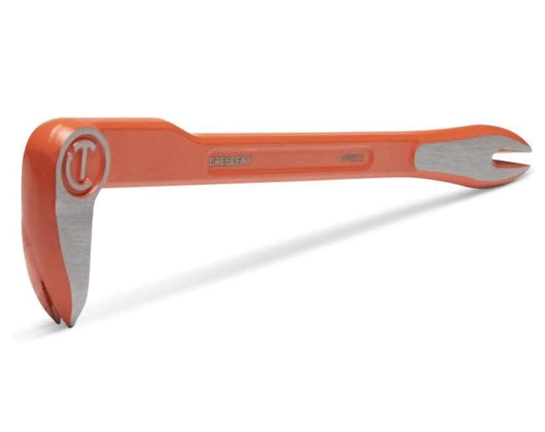 Side profile of the Crescent nail puller, showing the curved rocker head with a white circle logo and the straight prying end, both featuring ground steel tips against an orange body.