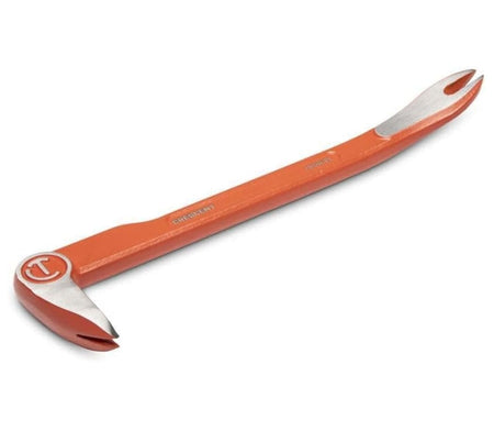 Perspective shot focusing on the tool's dual functionality, showing the V-shaped nail pulling slots integrated into both the curved rocker head and the straight wedge end.