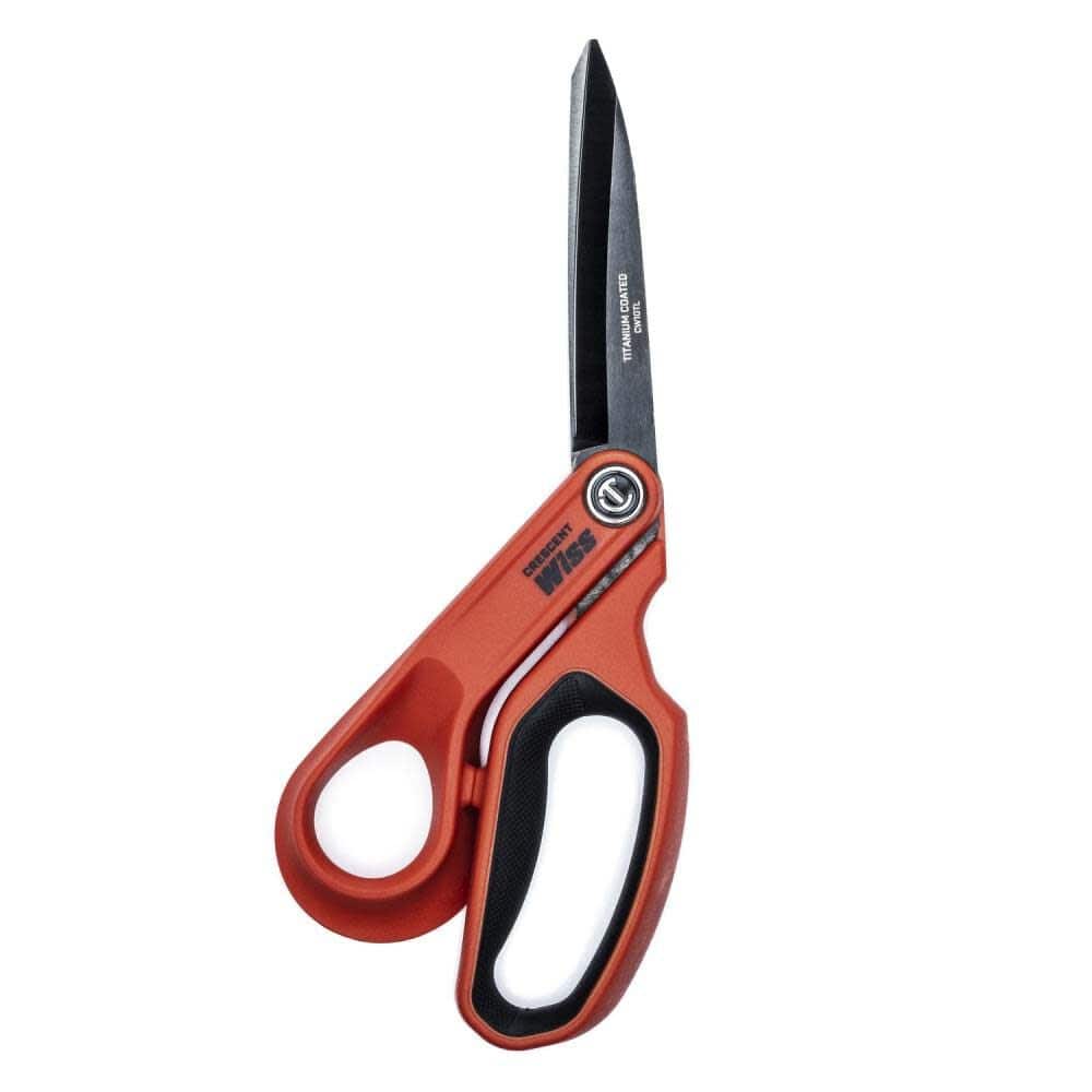 A studio product shot of the Crescent Wiss CW10TL 10 inch titanium coated left-handed tradesman shears against a white background.