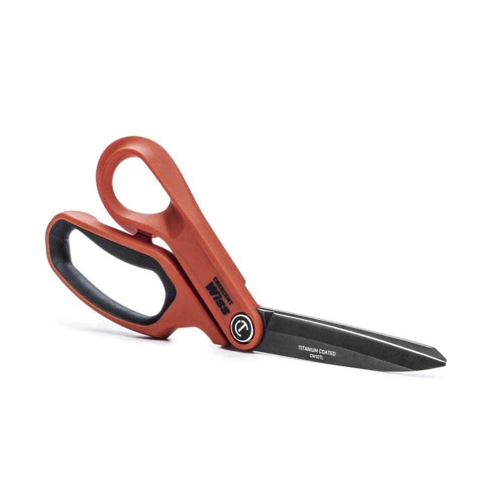 An angled profile of the Crescent Wiss left-handed shears, highlighting the offset handle design and black titanium-coated blades.