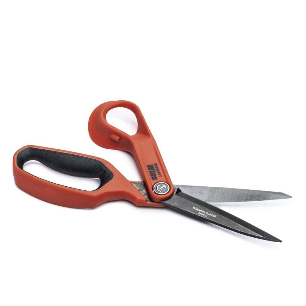 The Crescent Wiss CW10TL shears shown in an open position, emphasizing the sharp titanium-coated cutting edge and ergonomic rawhide handles.