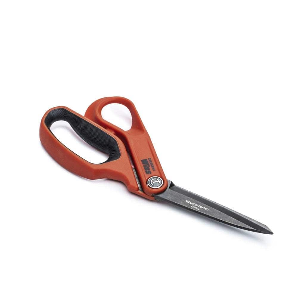 A side view of the Crescent Wiss tradesman shears, demonstrating the offset handle that provides clearance for safe flat-surface cutting.