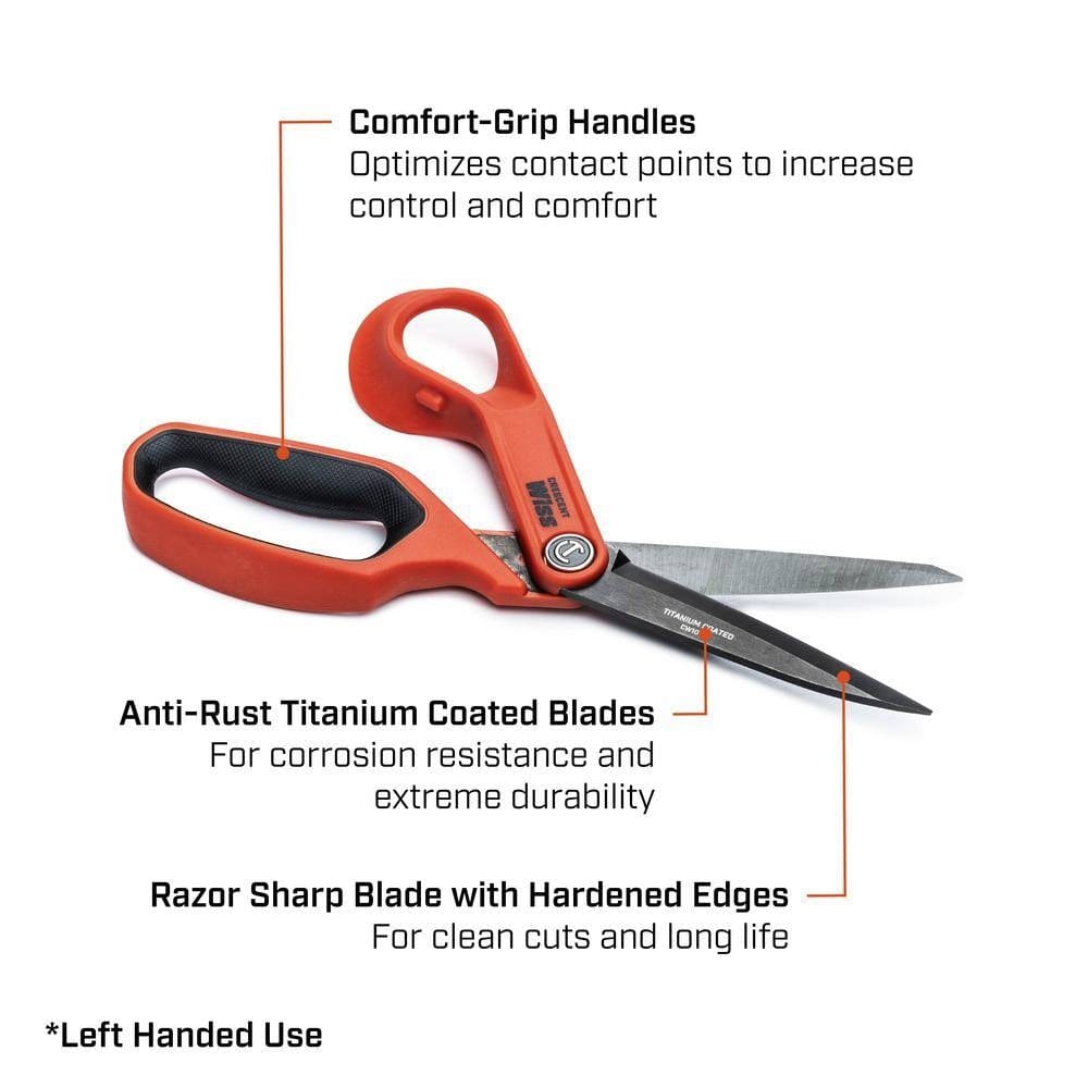 An infographic for the Crescent Wiss left-handed shears calling out the comfort-grip handles, anti-rust titanium coating, and razor-sharp hardened edges.