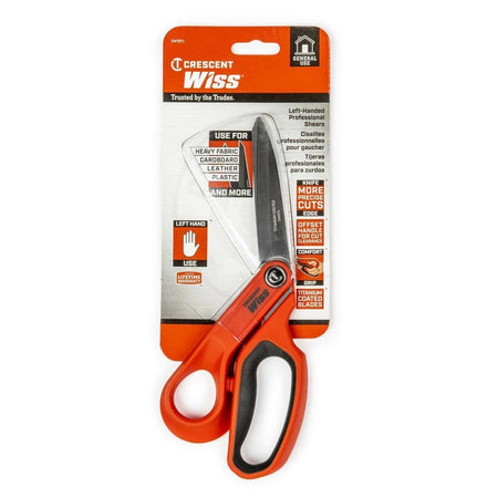 Retail packaging for the Crescent Wiss CW10TL 10 inch shears, noting their use for heavy fabric, cardboard, leather, plastic, and vinyl.
