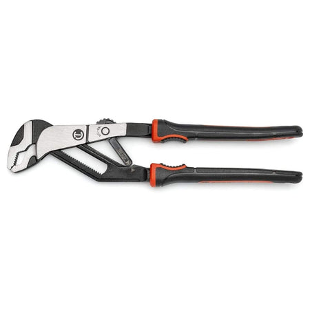 A professional product photograph of the Crescent RTAB10CG 10-inch Z2 Auto-Bite tongue and groove pliers featuring a black oxide finish, forged alloy steel construction, and ergonomic dual-material comfort grips.