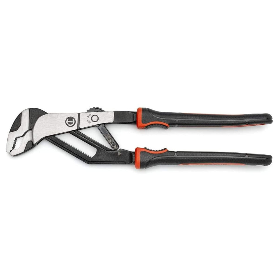 A professional product photograph of the Crescent RTAB10CG 10-inch Z2 Auto-Bite tongue and groove pliers featuring a black oxide finish, forged alloy steel construction, and ergonomic dual-material comfort grips.