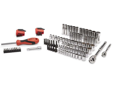 A white background studio shot displaying the entire contents of the 121-piece Crescent mechanics tool set laid out, including ratchets, sockets, extensions, hex keys, bit driver, and various bits.