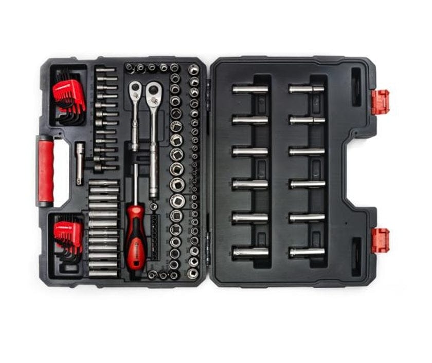 An overhead view of the open gray and red blow mold case for the Crescent 121-piece tool set, showing all tools neatly organized within their custom-fit compartments against a white background.