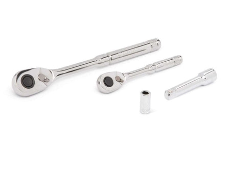A white background studio shot focusing on the chrome ratchets and extensions from the tool set, including a 1/4" drive ratchet, a 3/8" drive ratchet, and two chrome extensions, highlighting their polished finish.
