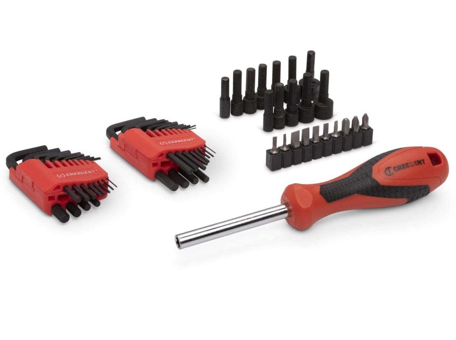 A white background studio shot displaying smaller accessories from the tool set, including two sets of red hex keys, a black bit set, and a red and black bit driver with a chrome shaft.