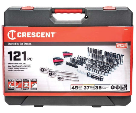 The closed packaging of the Crescent 121-piece Professional Tool Set, displaying the tool case with a red handle, the Crescent logo, "121 pc," and key features like "Lifetime Warranty," "Alloy Steel," and socket size distribution.
