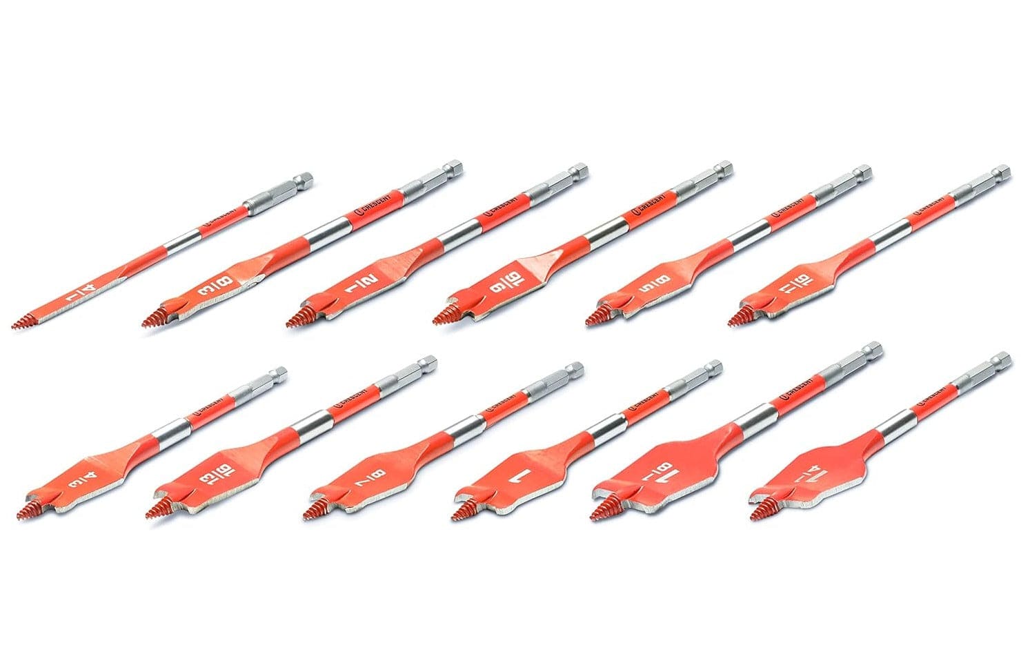 Studio shot of the 12-piece spade drill bit set arranged in two diagonal rows displaying the red paddles and silver hex shanks.