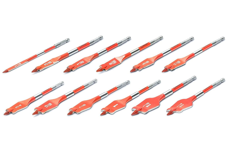 Studio shot of the 12-piece spade drill bit set arranged in two diagonal rows displaying the red paddles and silver hex shanks.