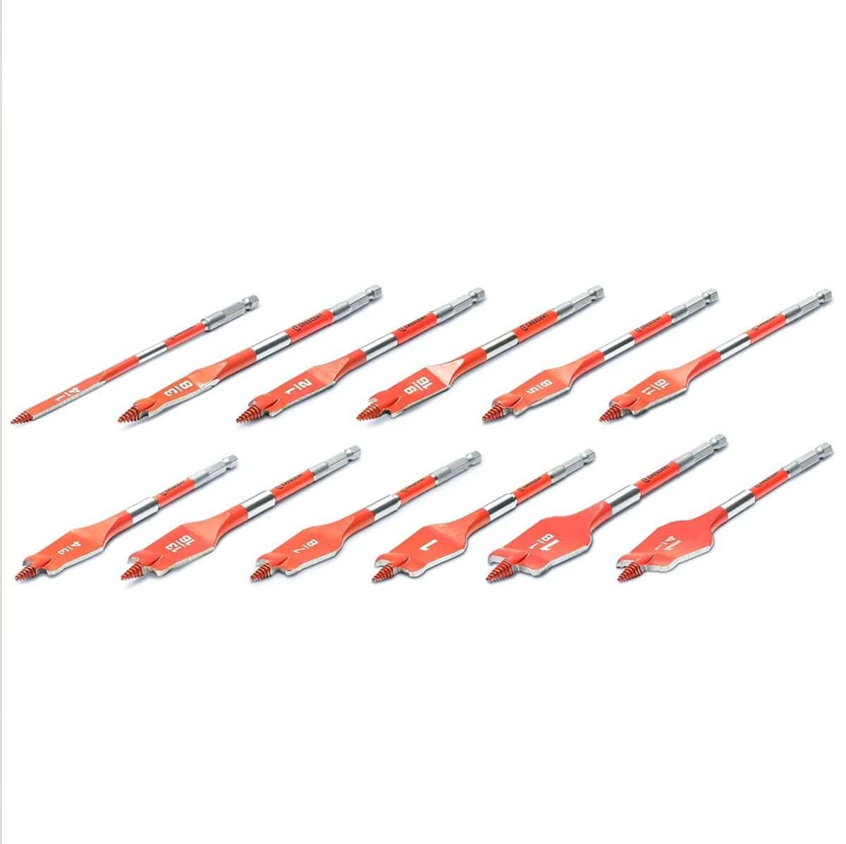 Studio shot of the 12-piece spade drill bit set arranged in two diagonal rows displaying the red paddles and silver hex shanks.