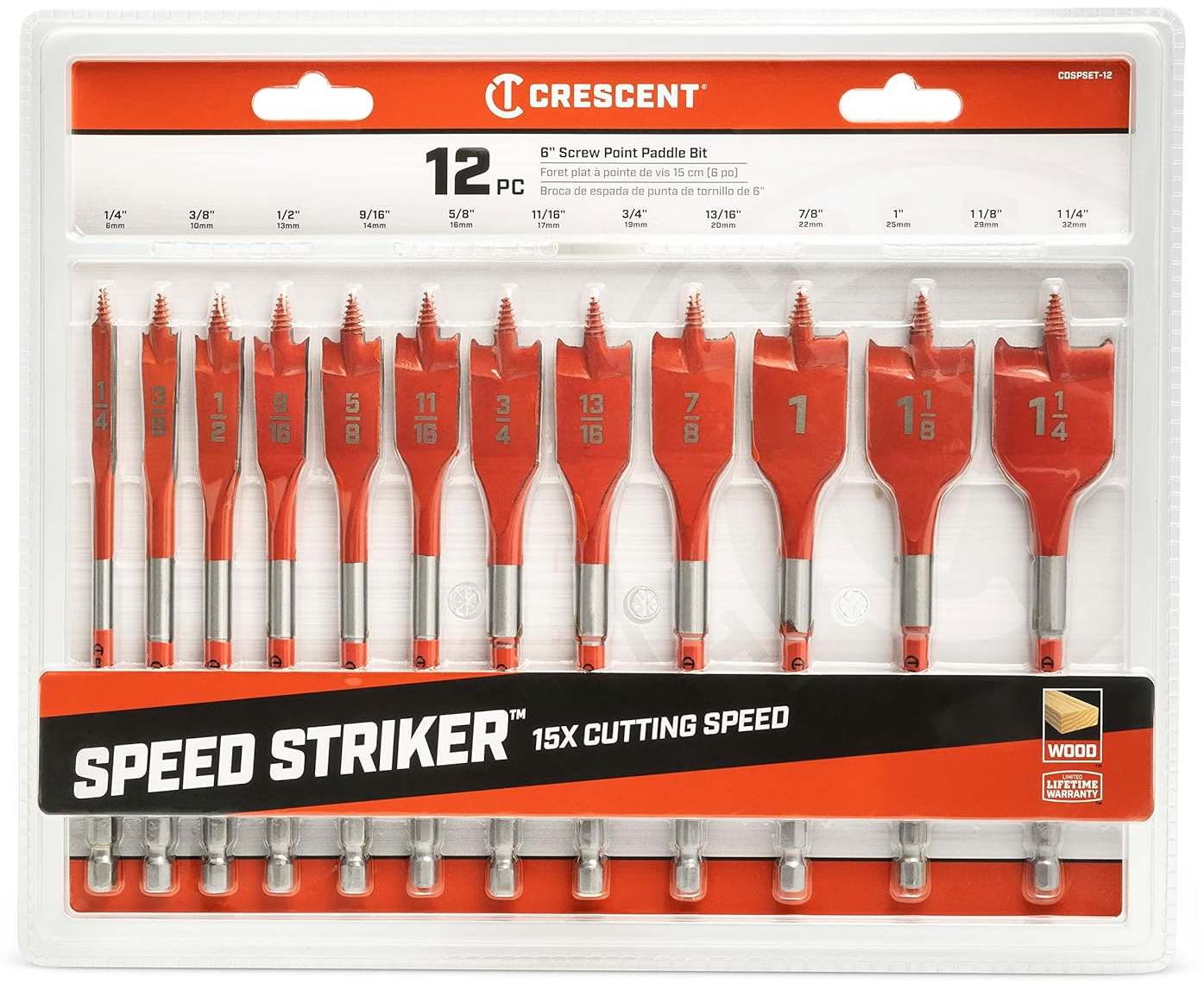 Retail packaging showing the 12-piece set secured inside a clear plastic clamshell case with specific size markings labeled above each bit.