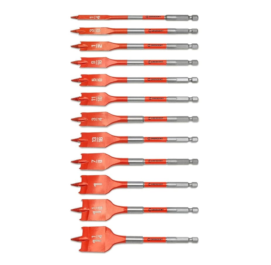 Studio shot of the complete 12-piece spade bit set arranged in a vertical column by size from 1/4 inch at the top to 1-1/4 inch at the bottom.