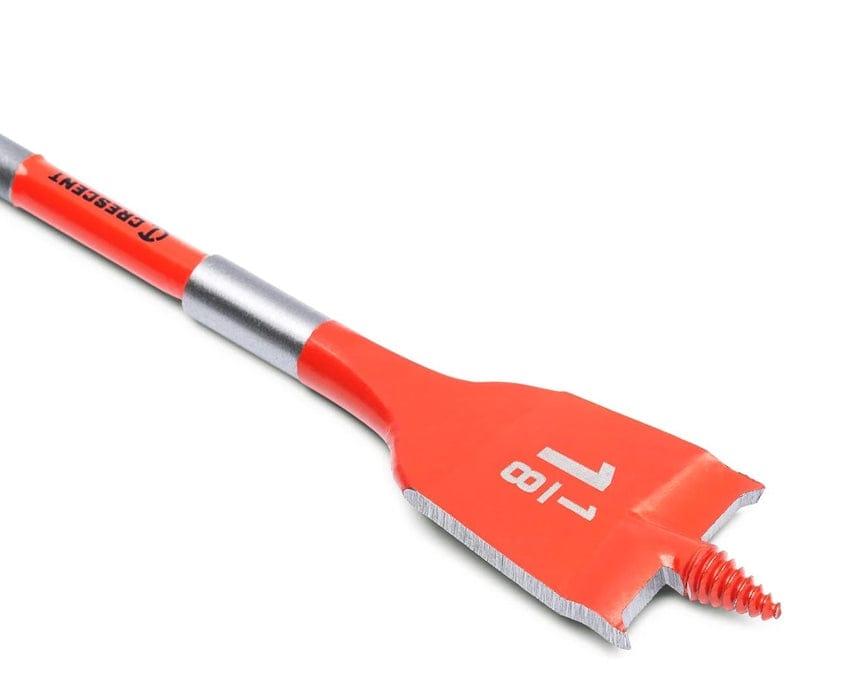 Close-up view of the 7/8 inch screw point spade bit highlighting the red paddle, white size marking, and threaded tip.