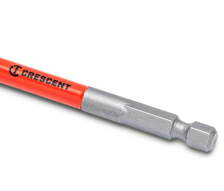 Close-up detail of the 1/4 inch quick-change hex shank and the black Crescent logo printed on the red shaft of the bit.