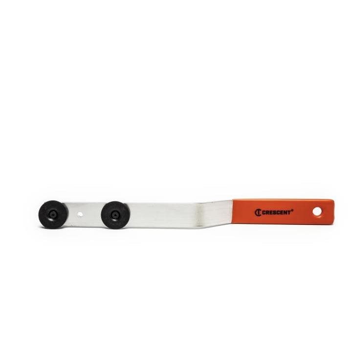 The image shows a tool for working with ductwork. It's long and flat with a metal body and an orange handle. At one end, there are two rollers. The tool has a slight curve in the middle. There's a hole at the end of the handle.