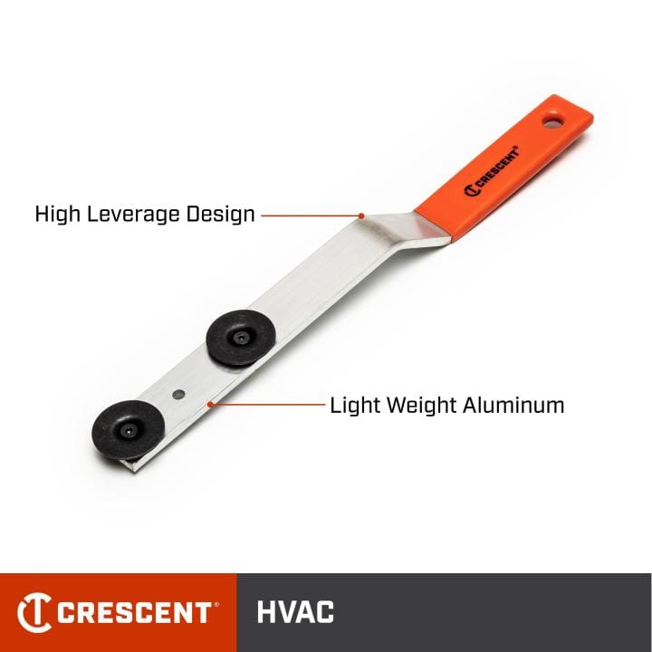 Crescent 13" Duct Stretcher features. The image shows a metal tool with a flat, angled blade and a bright orange handle, resting on a white surface. The tool has two black circular components attached near the blade's end and the brand name "Crescent" is visible on the handle.