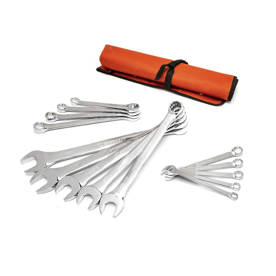 Combination wrenches arranged in three groups on a white background. Wrenches are chrome-plated and engraved with size markings. An orange and black roll-up pouch is placed behind the tools.