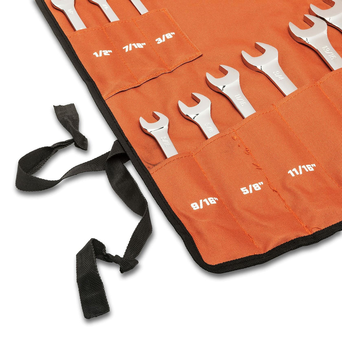Orange roll-up pouch with black trim containing six open-end wrenches. Each pocket is labeled with SAE sizes from 3/8" to 11/16". Black fabric ties are attached for securing the pouch when rolled.