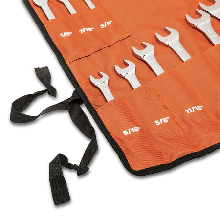 Orange roll-up pouch with black trim containing six open-end wrenches. Each pocket is labeled with SAE sizes from 3/8" to 11/16". Black fabric ties are attached for securing the pouch when rolled.