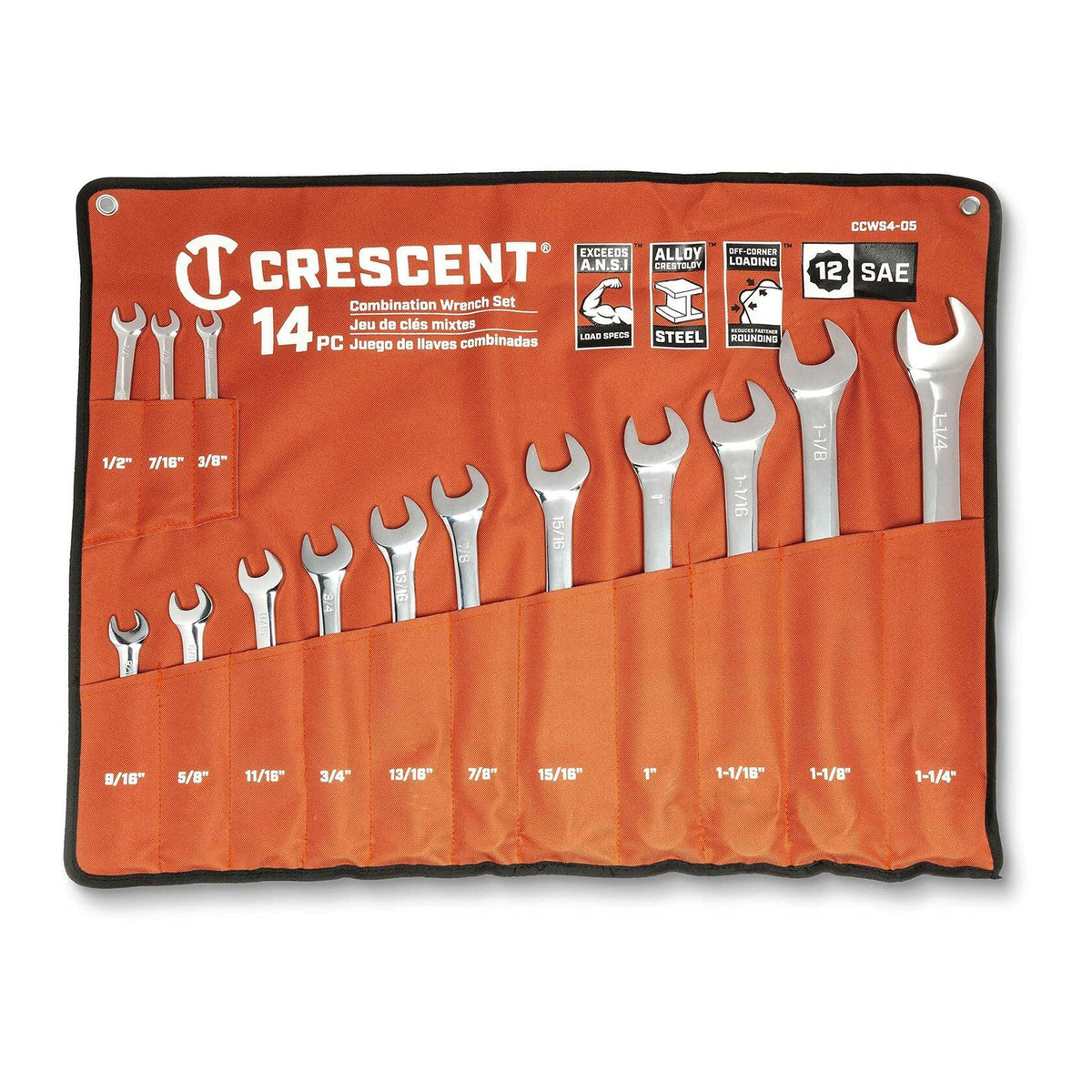 Crescent 14-piece SAE combination wrench set organized in a red and black fabric pouch. Each slot is labeled with sizes from 1/4" to 1-1/8". Branding includes ANSI compliance and alloy steel construction.