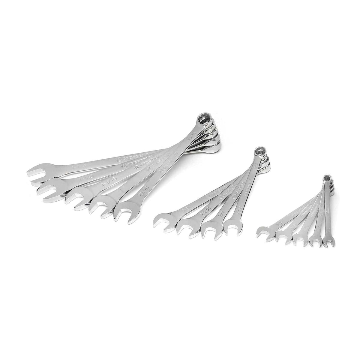 Three sets of polished combination wrenches arranged in fan-like patterns. Each wrench includes an open-end and box-end, with size markings in millimeters. Useful for mechanical and DIY tasks.