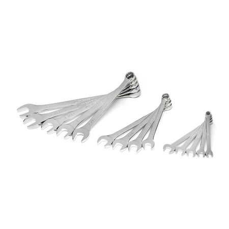 Three sets of polished combination wrenches arranged in fan-like patterns. Each wrench includes an open-end and box-end, with size markings in millimeters. Useful for mechanical and DIY tasks.