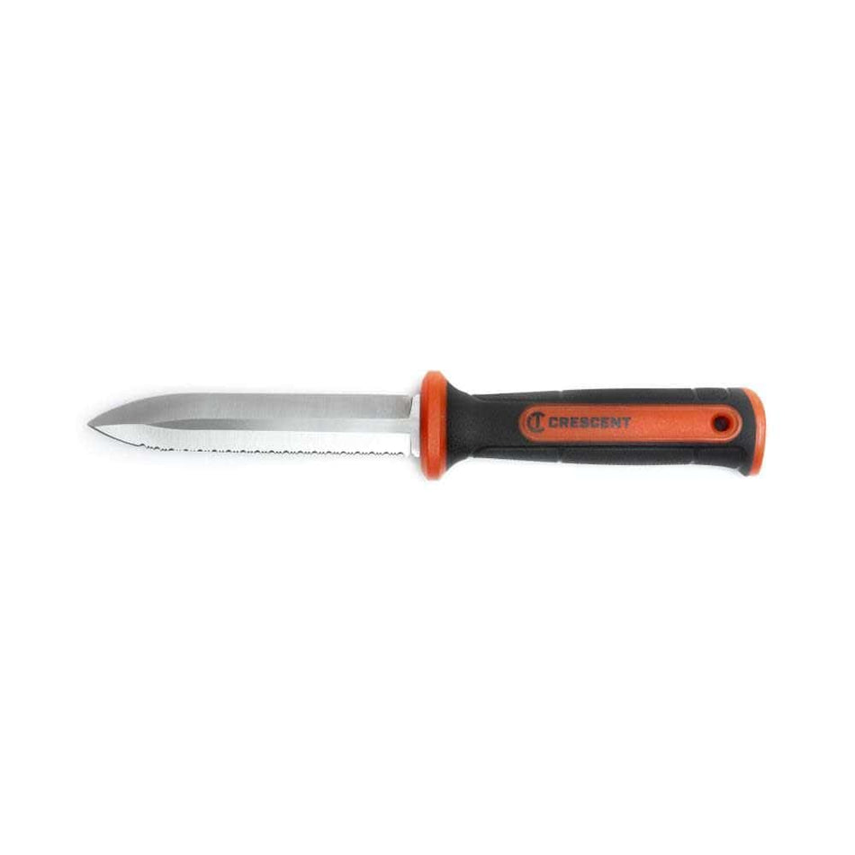 A close-up view of the Crescent CTDKNIFE 14-inch duct knife, highlighting its professional-grade stainless steel blade with a finely serrated edge and a smooth, razor-sharp edge. The durable, ergonomic handle features red and black overmolded grips for comfort and control. The knife is presented on its retail packaging with a black heavy-duty protective sheath.