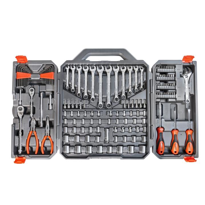 Crescent 150 Pc 1/4" & 3/8" Drive 6 Point SAE/Metric Professional Tool Set. The image shows an open black and gray Crescent tool set case with orange latches. The case reveals a variety of tools neatly organized in fitted compartments, including wrenches, sockets, screwdrivers with orange and black handles, pliers, and Allen wrenches.case