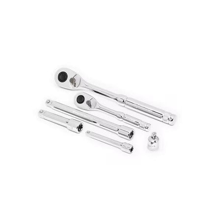 Chrome-finished ratchet wrench set including two ratchets, three extension bars, and a universal joint adapter. Tools are designed for use with socket sets to access tight or recessed fasteners.