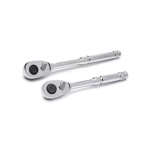 Two Crescent ratchet wrenches placed side by side. Each has a round head with directional switch and socket release button, plus knurled handles for improved grip. Designed for tightening or loosening bolts in mechanical work.