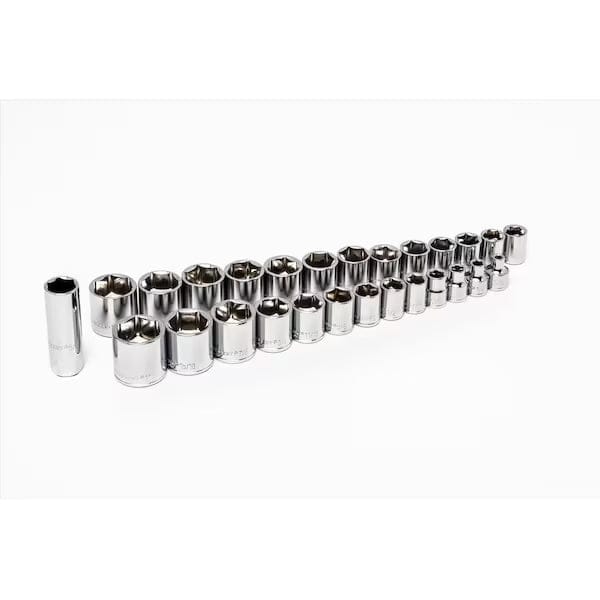 Set of chrome-finished socket wrenches arranged in descending size order. Each socket has a hexagonal opening and polished surface, ideal for use with ratchets to fit various nut and bolt sizes.