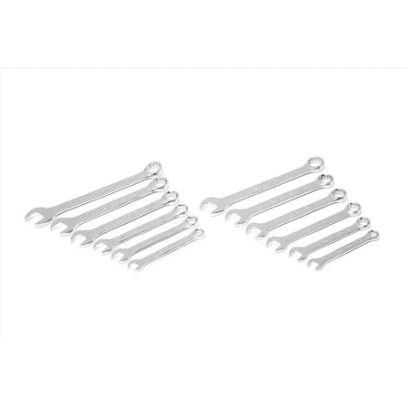 Two sets of chrome-plated combination wrenches arranged in parallel rows from largest to smallest. Each wrench features an open-end and box-end design, suitable for gripping and turning fasteners in mechanical or automotive tasks.