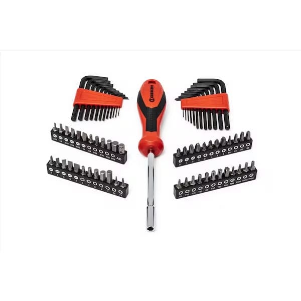 Versatile screwdriver and bit set featuring a red and black-handled screwdriver, two red hex key holders, and four black bit holders with assorted flathead, Phillips, Torx, and hex bits. Organized for mechanical and household tasks.