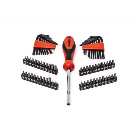 Versatile screwdriver and bit set featuring a red and black-handled screwdriver, two red hex key holders, and four black bit holders with assorted flathead, Phillips, Torx, and hex bits. Organized for mechanical and household tasks.