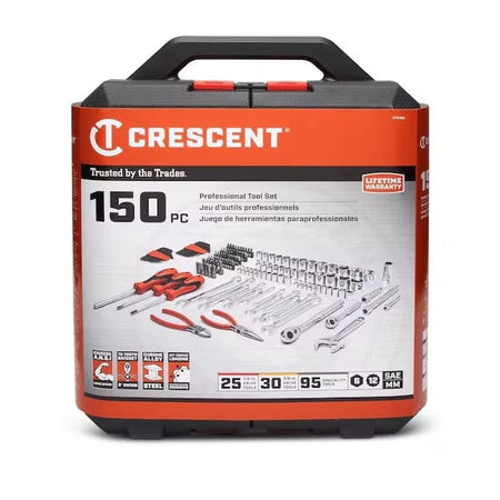 Front view of Crescent 150-piece tool set case. Displays brand name, “Trusted by the Trades” slogan, and visual layout of included tools. Highlights features like SAE/metric sockets, screwdriver bits, hex keys, and lifetime warranty.