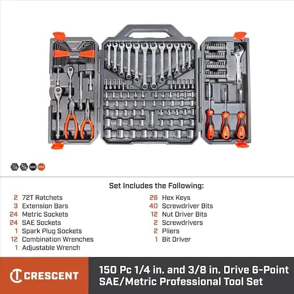 Open Crescent 150-piece tool set in a hard plastic case with three compartments. Includes ratchets, sockets, wrenches, pliers, screwdrivers, hex keys, and bits. Text overlay lists included items such as 2 ratchets, 24 SAE sockets, and more.