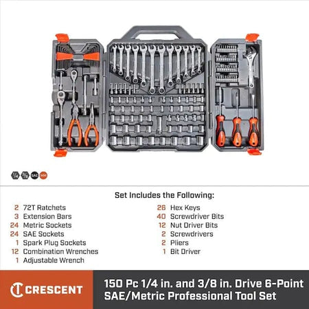 Open Crescent 150-piece tool set in a hard plastic case with three compartments. Includes ratchets, sockets, wrenches, pliers, screwdrivers, hex keys, and bits. Text overlay lists included items such as 2 ratchets, 24 SAE sockets, and more.