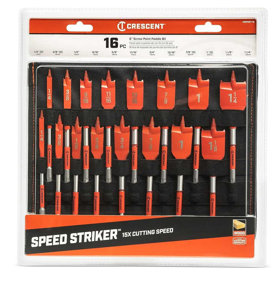 Retail packaging for the Crescent 16-piece Screw Point Paddle Bit Set, showing the bits stored in the kit and promoting the 15X cutting speed feature