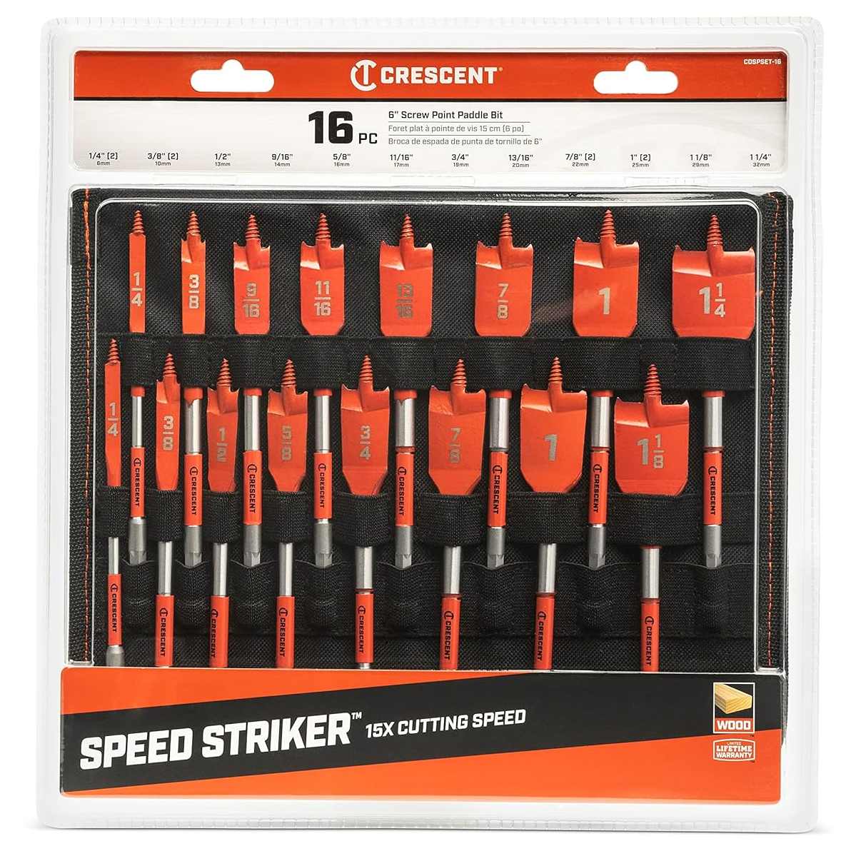 Retail packaging for the Crescent 16-piece Screw Point Paddle Bit Set, showing the bits stored in the kit and promoting the 15X cutting speed feature