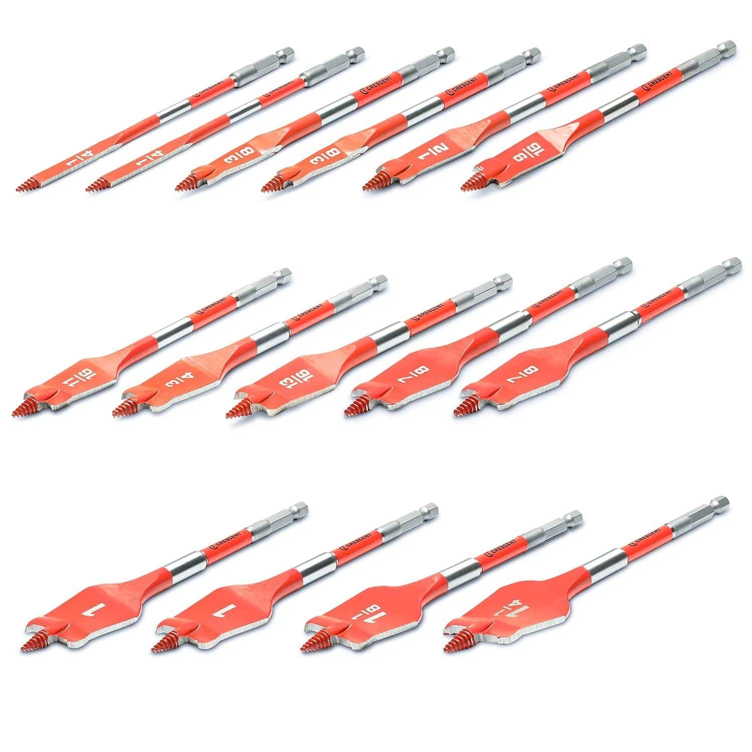 Studio shot of the 12 Crescent screw point paddle bits from the set, arranged in rows showing the full size range from $1/4$ inch up to $1 \frac{1}{4}$