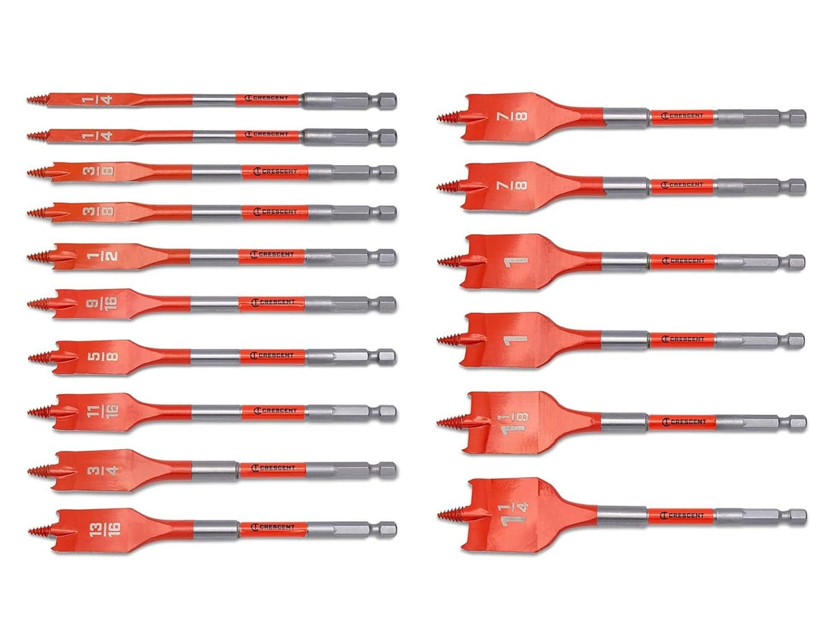 Studio shot showing the full assortment of 12 screw point paddle bits, highlighting their varying sizes and the standardized $1/4$ inch hex shanks