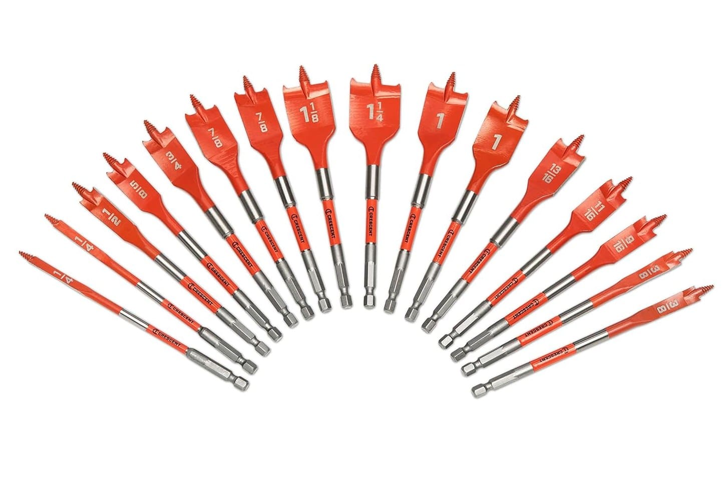 Wide studio view of all 12 Crescent screw point paddle bits arranged in a fan shape, showcasing the comprehensive size range of the set