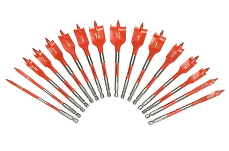 Wide studio view of all 12 Crescent screw point paddle bits arranged in a fan shape, showcasing the comprehensive size range of the set